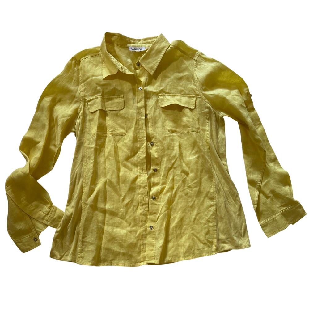 Calvin Klein Yellow Linen Long Sleeve Button Down Shirt Women's Size Large